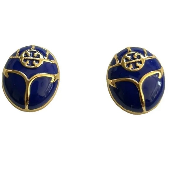 Tory Burch New Blue Enamel Oval Gold-Toned Earrings